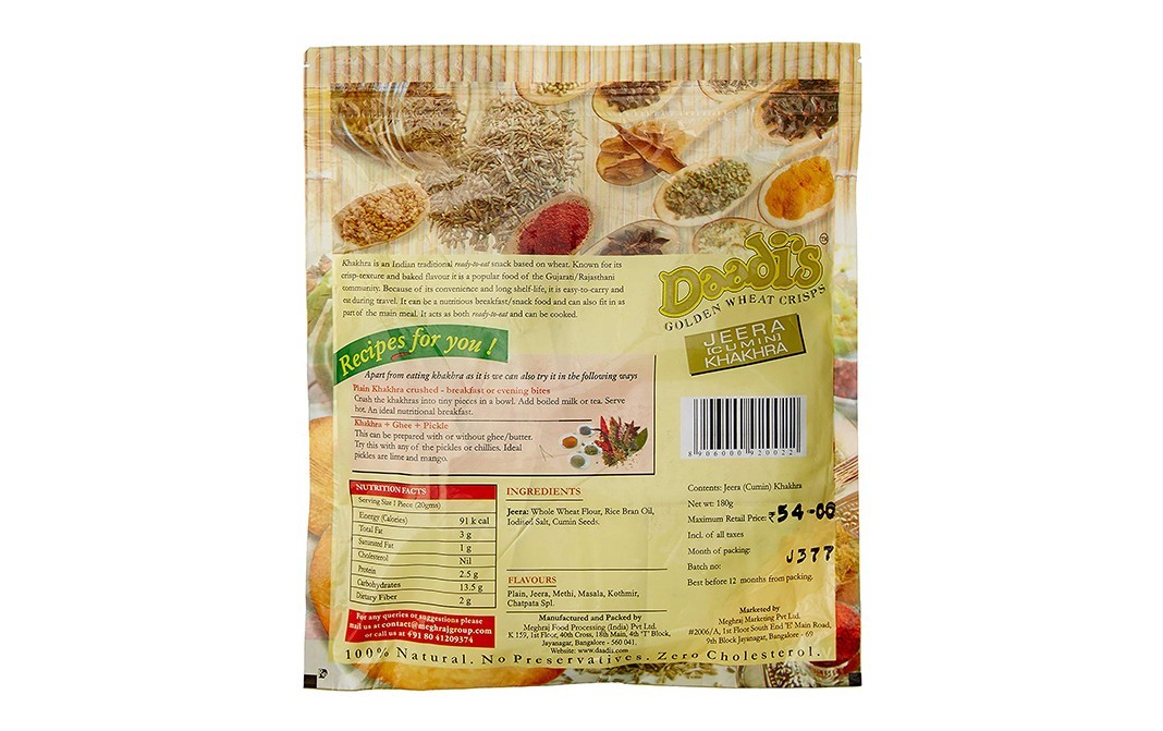 Daadi's Golden Wheat Crisps Jeera Khakhra   Pack  180 grams